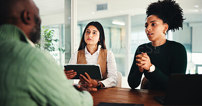 Buy stock photo Hiring, job interview and business people in office, tablet and conversation with opportunity. Employees, human resource management and candidate in workplace, tech and onboarding with discussion