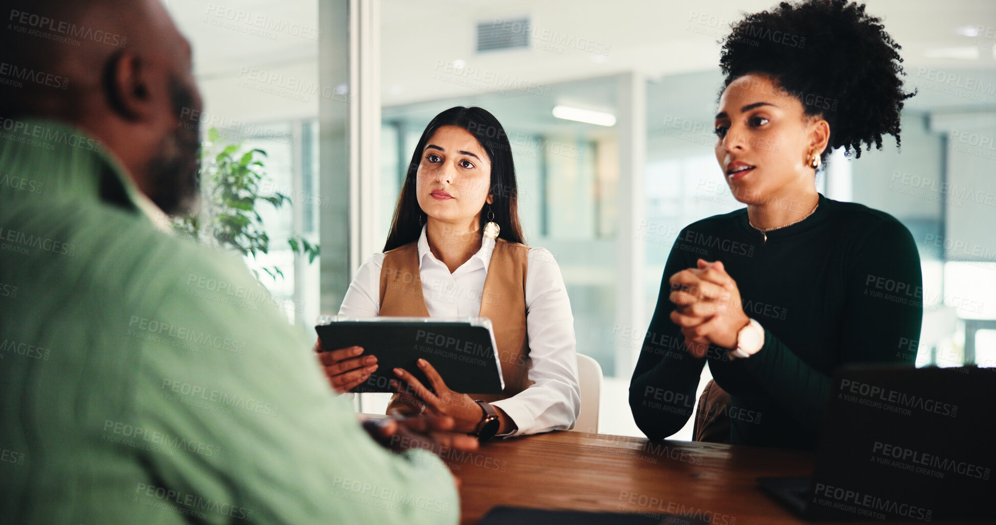 Buy stock photo Hiring, job interview and business people in office, tablet and conversation with opportunity. Employees, human resource management and candidate in workplace, tech and onboarding with discussion