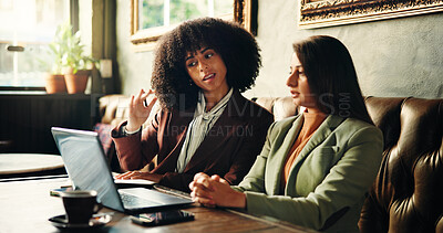 Buy stock photo Business, people and talk with laptop at cafe for planning, research and feedback on article. Women, explain and pc for creative ideas, review agenda and teamwork for story publication at coffee shop