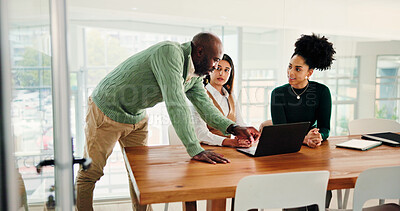 Buy stock photo Man, women and team with laptop, office meeting and discussion with brainstorming at media agency. People, editor and journalist with review, feedback and advice for article with group at company