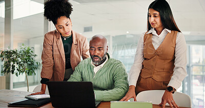 Buy stock photo Man, team and laptop with review, office meeting and discussion with brainstorming at media agency. People, editor and journalist with insight, feedback and advice for article development at company