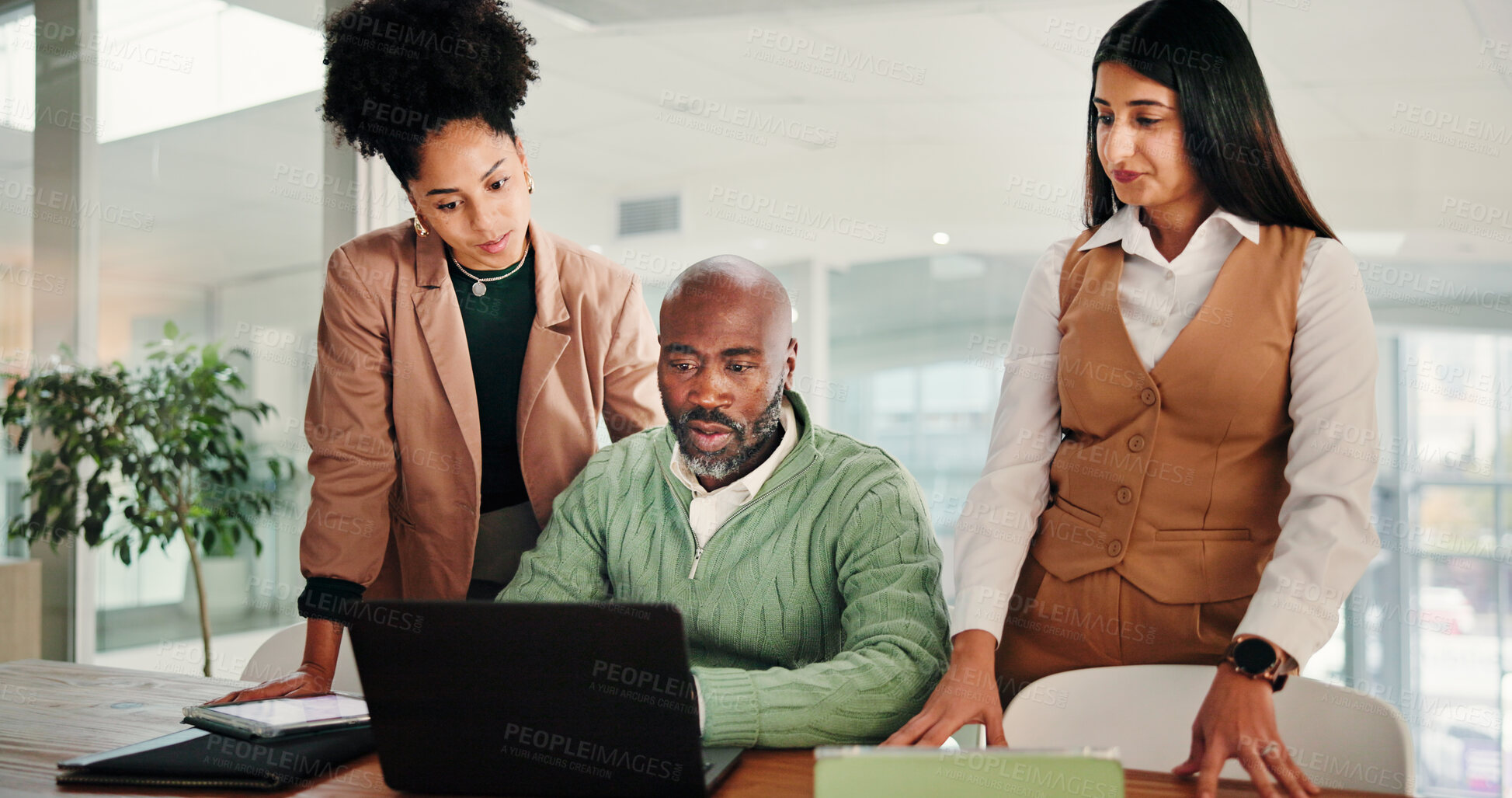 Buy stock photo Man, team and laptop with review, office meeting and discussion with brainstorming at media agency. People, editor and journalist with insight, feedback and advice for article development at company