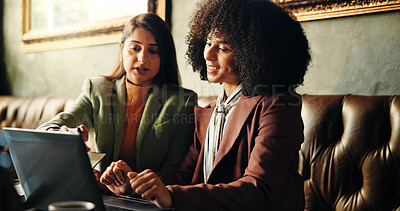 Buy stock photo Business, people and reading on laptop at cafe for planning, research and feedback on article. Women, talk and PC for creative ideas, review schedule and teamwork for story information at coffee shop