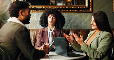 Buy stock photo Meeting, laptop and business people in coffee shop for discussion on proofreading for publishing. Explaining, conversation and female editors with author for book research in restaurant or cafe.