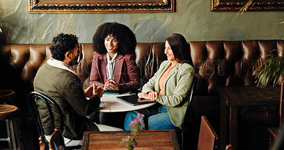 Buy stock photo Meeting, explaining and business people in coffee shop for discussion on proofreading for publishing. Happy, conversation and female editors with author for book research in restaurant or cafe.