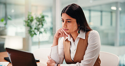 Buy stock photo Thinking, business woman and laptop for social media, message or online research in office. Idea feedback, female person and tech in workplace for networking, brainstorming or web information