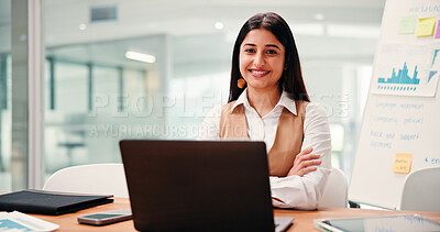Buy stock photo Arms crossed, laptop and portrait of business woman in office for agenda, planning or schedule. Computer, information and smile of happy Indian employee at work for infographic or statistics review