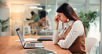 Frustrated woman, laptop and headache with stress in office for project budget or debt. Female person, migraine or strain with mistake on computer for financial pressure, deadline or bankruptcy