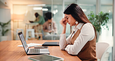 Frustrated woman, laptop and headache with stress in office for project budget or debt. Female person, migraine or strain with mistake on computer for financial pressure, deadline or bankruptcy