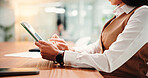 Hands, tablet and business woman in office for report, reading email or insurance review. Worker, technology and check schedule with information, agenda and policy update with research on internet