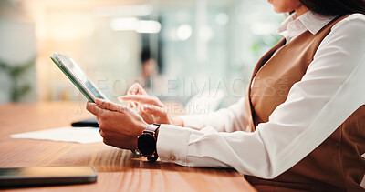 Buy stock photo Hands, tablet and business woman in office for report, reading email or insurance review. Worker, technology and check schedule with information, agenda and policy update with research on internet