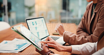 Buy stock photo Hands, people and graphs on tablet in office for finance results, profit growth and budget review. Employees, team and digital with financial report, revenue stats and comparison for risk assessment