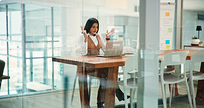 Buy stock photo Woman, stress and laptop with error at office, shock and frustrated with 404 glitch at finance agency. Person, broker and crisis with website crash, mistake or lost profit with investment at company