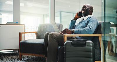 Buy stock photo Airport, black man and phone call for business trip, communication or discussion for travel plans or chat. Happy, employee and person with luggage for journey, talking or waiting for flight in lounge