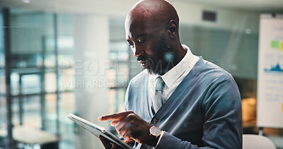 Buy stock photo Business, man and scroll on tablet in office for annual report, investment analysis and forecasting. Financial manager, black person and digital app for finance news, company growth or online revenue