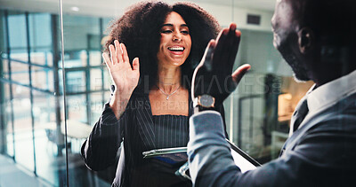 Buy stock photo Businessman, woman and high five with tablet at office with smile, success and motivation for goals at company. Man, women and celebration with tech, application or collaboration at insurance agency