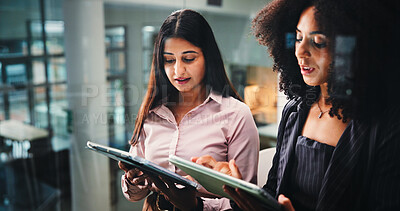 Buy stock photo Planning, research and women with tablet, office and collaboration for digital marketing or website. Business, people and colleagues with tech for campaign, browsing and discussion for project on app