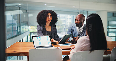 Buy stock photo People, explain and meeting on tablet in office for feedback, finance results and budget review. Staff, team and graph on PC with financial report, profit growth and revenue update of risk assessment
