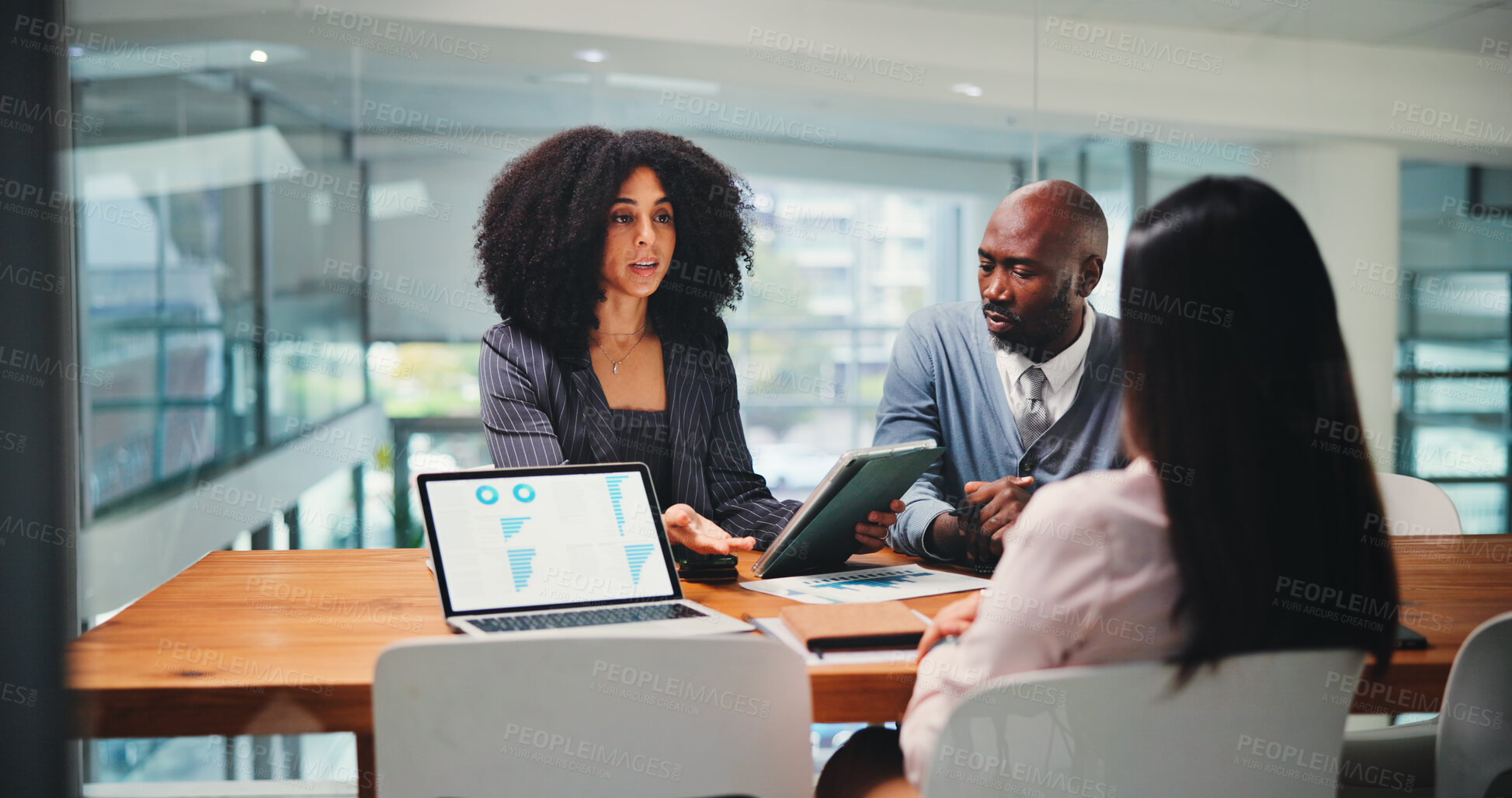 Buy stock photo People, explain and meeting on tablet in office for feedback, finance results and budget review. Staff, team and graph on PC with financial report, profit growth and revenue update of risk assessment