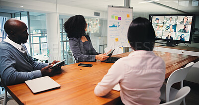 Buy stock photo Boardroom, colleagues and communication with tech, video call and group with clients for investment. Business, meeting and people with tablet for virtual conference, discussion and pitch of proposal