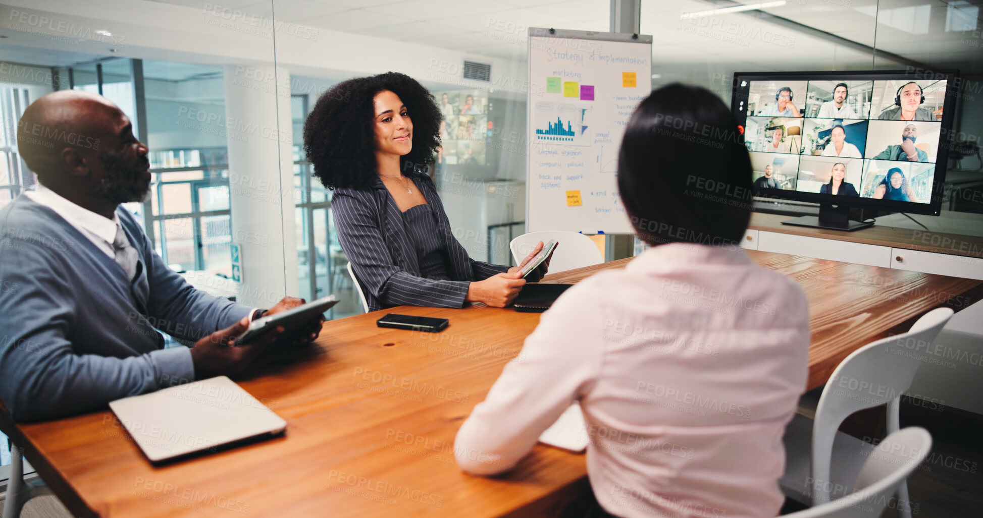 Buy stock photo Discussion, colleagues and group with tech, video call or communication with clients for investment. Business, meeting and people with tablet for virtual conference, conversation or pitch of proposal