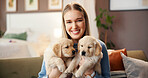 Portrait, happy and woman with puppies, home or bonding with domestic animal in living room or break. Confident, person and love for pets in lounge, relax and smile for dogs in house and weekend