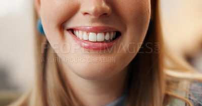 Buy stock photo Smile, dental and mouth with closeup of woman for oral hygiene, teeth whitening and pride. Orthodontics results, cleaning and gum care with person for cosmetic dentistry, veneer treatment and health