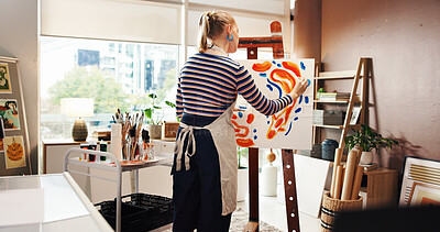 Buy stock photo Painting, project and woman with canvas, studio or creative with color for artwork, talent or craft. Back, draw and person with skills for design, artist and painter with paintbrush for hobby in home