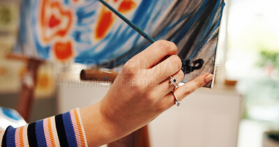 Buy stock photo Hand, paint brush and signature on canvas at studio, color or creative process with design for artwork. Person, artist and lines with talent, inspiration and tools with abstract project at workshop