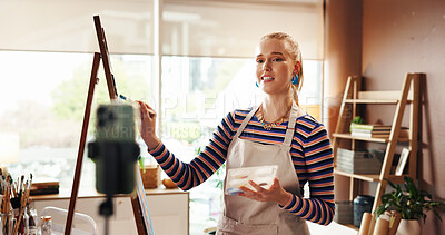 Buy stock photo Artist, canvas or phone for recording a video in home studio for painting process, advice or tips. Art influencer, girl or talking to fans on live stream to showcase craft, engagement or share skills