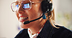 Happy woman, headset and consultant with glasses for online communication or advice in home. Female person, agent or smile in remote work with mic for telecommunications, help or virtual assistance