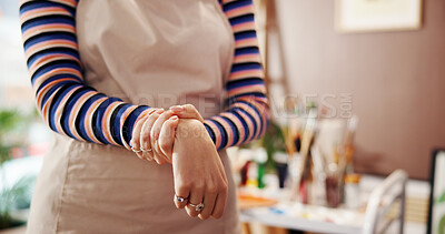 Buy stock photo Hands, wrist pain and woman in studio, painter and carpal tunnel with inflammation. Closeup, home and person with bruise, broken and muscle ache with joint injury, arthritis and fatigue with tension