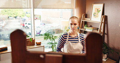 Buy stock photo Woman, artist and check painting on canvas to review progress, art design and quality of artwork. Female person, inspection and inspiration for sketch, drawing activity and creative project at house