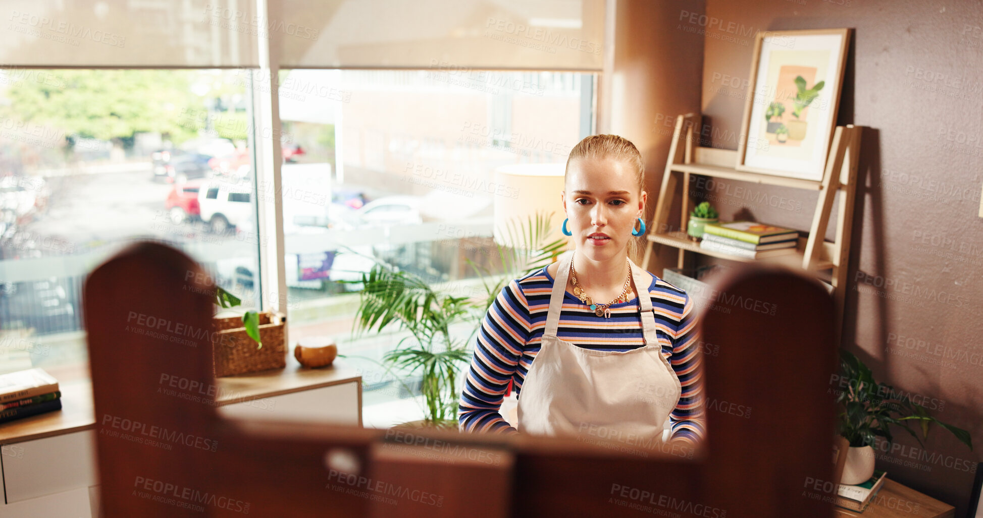 Buy stock photo Woman, artist and check painting on canvas to review progress, art design and quality of artwork. Female person, inspection and inspiration for sketch, drawing activity and creative project at house