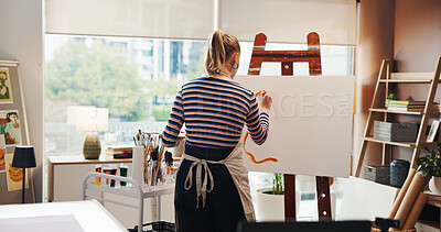 Buy stock photo Painting, woman and color for artwork, studio or craft with creative for canvas, talent and project. Back, draw and person with skills for design, artist and painter with paintbrush for hobby in home