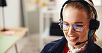 Happy woman, headset and consultant with mic for online communication or advice in home. Female person, agent or smile in remote work with glasses for telecommunications, help or virtual assistance