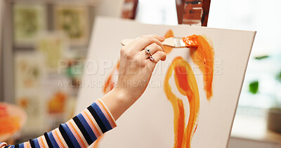 Buy stock photo Canvas, design and hand of person in studio apartment for artistic expression, skill or talent. Easel, picture and acrylic with art painter in home for creative hobby, practice or recreation