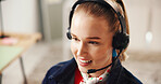 Happy woman, headset and agent with mic for virtual assistance or online communication in home. Female person, consultant or smile in remote work for telecommunications, help or network advice