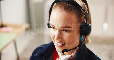 Buy stock photo Happy woman, headset and agent with mic for virtual assistance or online communication in home. Female person, consultant or smile in remote work for telecommunications, help or network advice