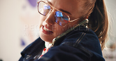 Buy stock photo Business, phone call and woman with glasses, creative and online order with communication. Person, artist and entrepreneur with smartphone, digital app and conversation with reflection and contact