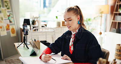 Buy stock photo Artist, phone recording or woman with drawing in home studio for advice, technique or digital lesson. Influencer, person and sketching draft on live stream for audience engagement and creative tips