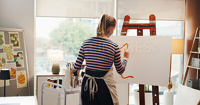 Buy stock photo Painting, woman and talent for artwork, studio or craft with color for canvas, creative and project. Back, draw and person with skills for design, artist and painter with paintbrush for hobby in home