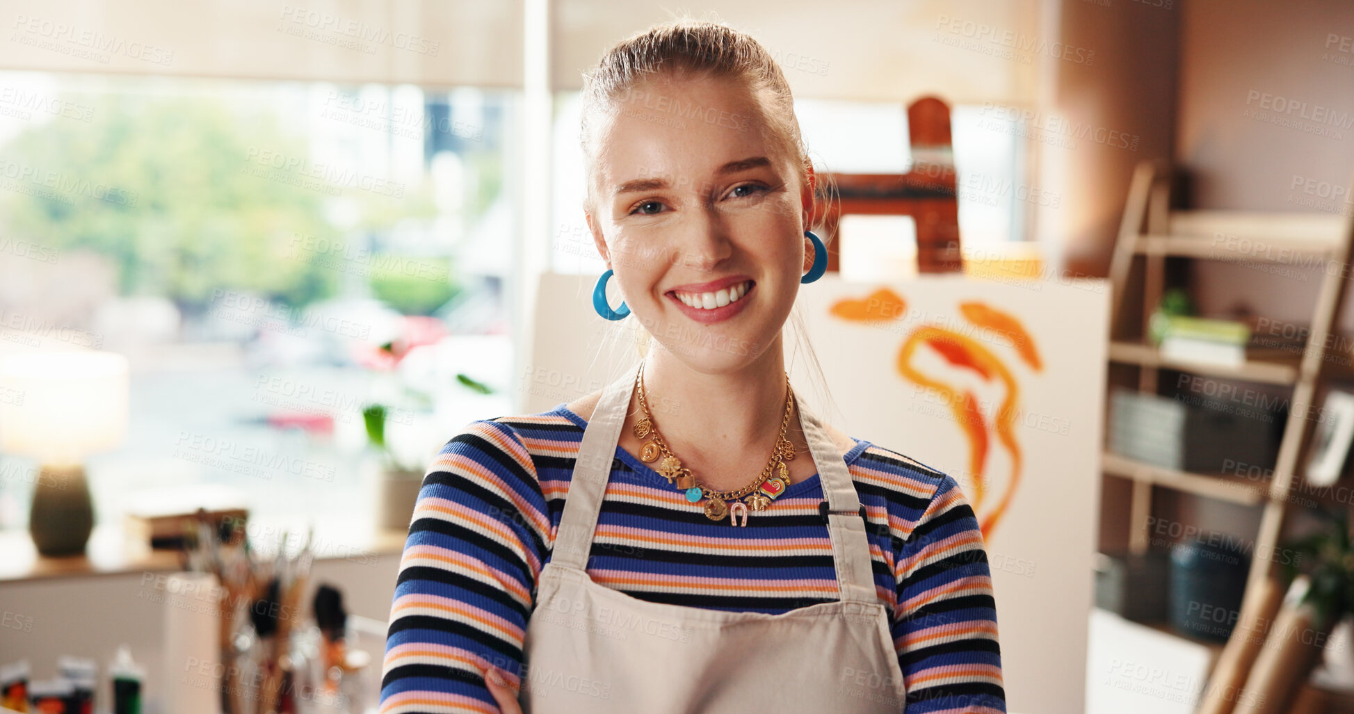 Buy stock photo Painter, happy and woman with portrait in home studio for art creation, painting process or talent. Smile, artist and confidence with artwork for creative hobby, self expression or exhibition project