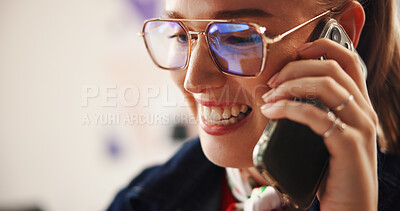 Buy stock photo Phone call, glasses and smile with business woman in office for graphic designer, client briefing and contact. Project progress, communication and reflection with person in creative agency for space
