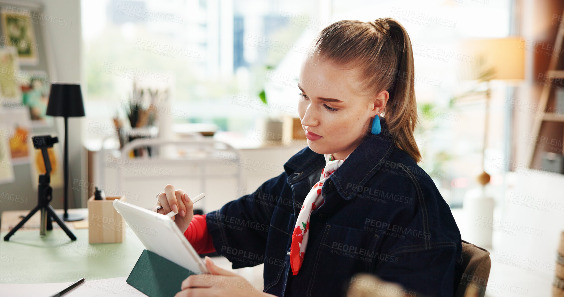 Buy stock photo Creative, employee and woman with tablet, office and web design for brand identity, app and project. Online, graphic designer and person with stylus for logo, digital art and assignment for business
