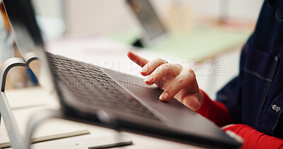 Buy stock photo Creative, employee and hands with laptop, studio and web design for brand identity, app and project. Online, graphic designer and person with tech for logo, digital art and assignment for business