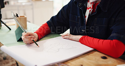 Buy stock photo Woman, hands and drawing with pencil for fashion design, art or sketching in home. Female person, artist and tablet for reference with visual draft, artistic skill or talent for designer illustration