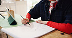 Woman, hands and sketching with pencil for fashion design, art or drawing in home. Female person, artist and tablet for reference with visual draft, artistic skill or talent for designer illustration