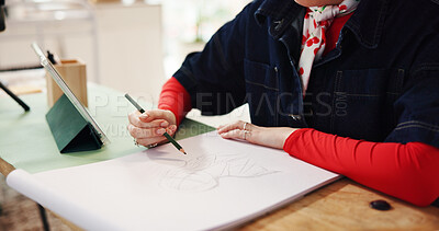 Buy stock photo Woman, hands and sketching with pencil for fashion design, art or drawing in home. Female person, artist and tablet for reference with visual draft, artistic skill or talent for designer illustration