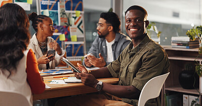 Buy stock photo Portrait, employee and man with tablet, meeting or smile for discussion in office and event planner. Happy, coordinator and person with tech for budget research, colleagues and talking with team